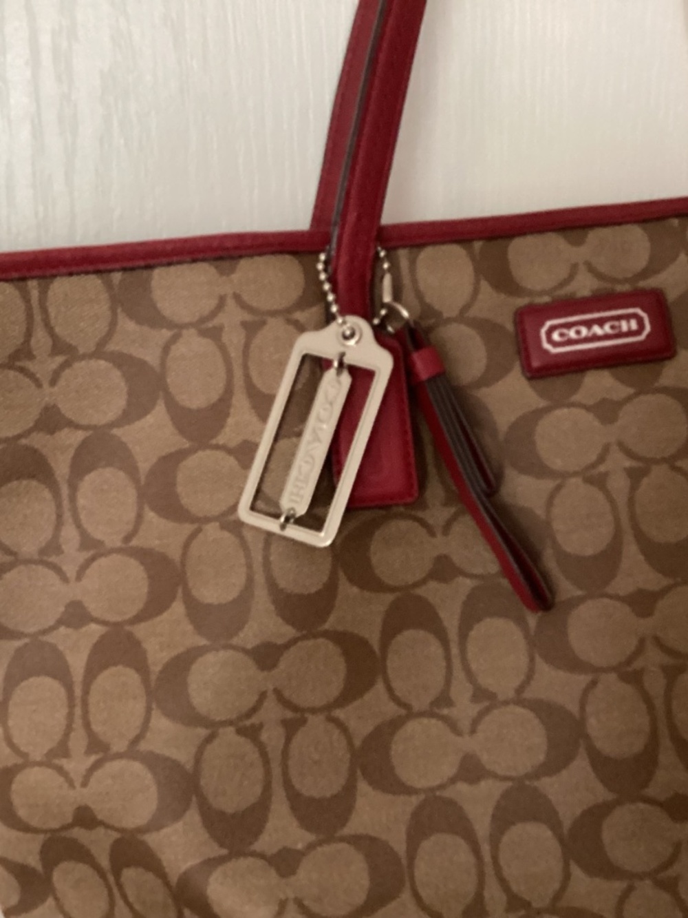 Coach Park Metro Tote in Signature Khaki with Cherry Trim - Picture 2 of 8